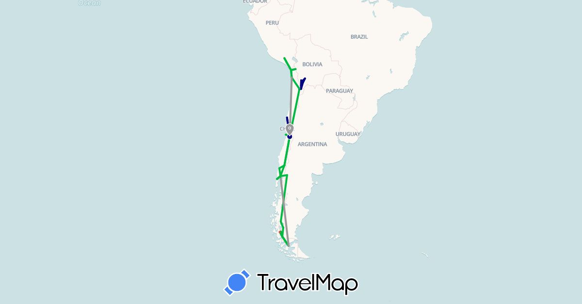 TravelMap itinerary: driving, bus, plane, hiking in Argentina, Bolivia, Chile, Peru (South America)